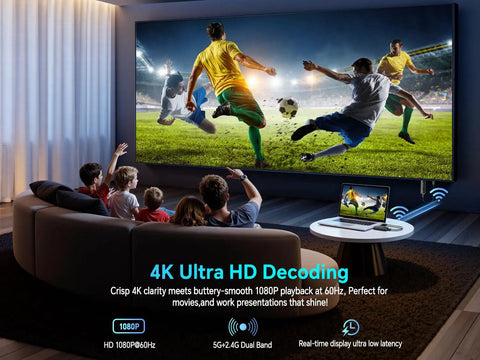 Ultra Long Range Wireless HDMI Transmitter And Receiver 4K 328 Feet Dual Band 5G And 2.4G No Wires Needed displayed on TV and laptop