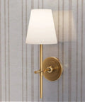 Straight Up Gorgeous Beige Stripe Wallpaper With A Sleek Neutral Silver Metallic Sheen And Cozy Fibrous Texture For That Perfect Modern Lounge Vibe Eco Friendly Pvc Free Wallcovering with a gold wall sconce.