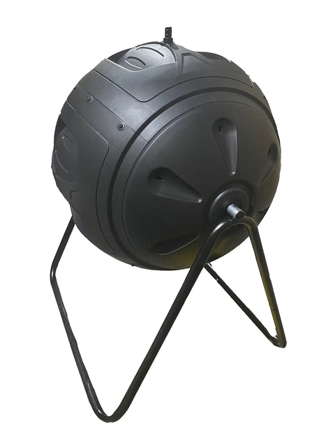 Ms Tumbles 35 Gallon Compost Tumbler with Easy Turn System, durable round black design, shown on sturdy frame