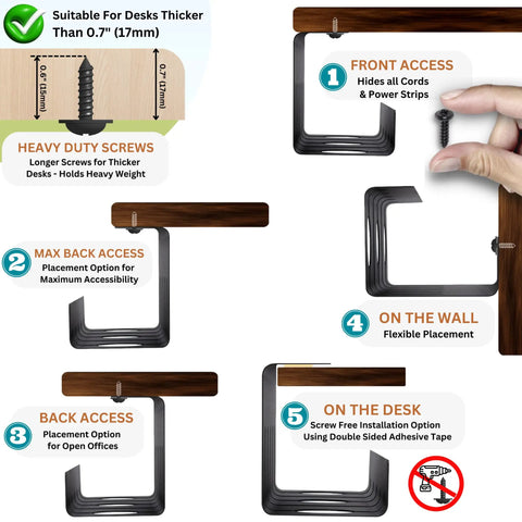 Installation options for 2 Pack Under Desk Cable Management Tray With 15.7 Inch Cord Organizer showing screw and adhesive methods.