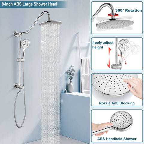 Polished Chrome Retrofit Rain Shower System With 8 Inch Rainfall Head, ABS Handheld Sprayer, adjustable slide bar, close-up