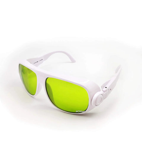 Pro Level Rugged Laser Safety Goggles With Universal EP Replacement Lenses For UV And Fiber Laser Protection, white with green lenses.