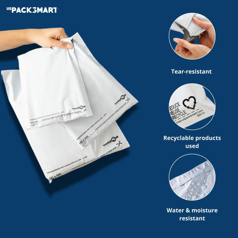 Person holding White Poly Mailers 10x13 Pro-Grade Durable Waterproof Tear-Proof Shipping Envelopes With Strong Self-Sealing Adhesive