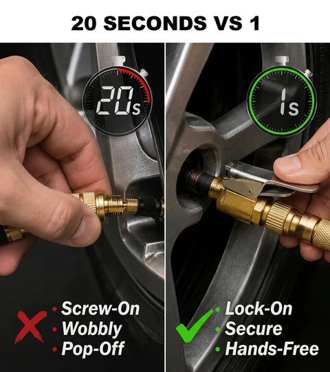 Comparison of 4 Pack Locking Air Chuck Quick Connect With Clip Adapter For Schrader Valves Brass Tire Inflator Adapter No Leak Hands Free Inflation Easy Clip On Precision For Air Compressors And Pumps, showing faster and secure lock-on clip use versus screw-on.