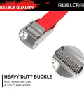 Close-up of cam buckle on 8 Pack 1 Inch By 12 Foot Lashing Tie Down Straps With Cam Buckle 600 Lbs Breaking Strength Carrying Bag Red