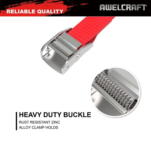 Close-up of cam buckle on 8 Pack 1 Inch By 12 Foot Lashing Tie Down Straps With Cam Buckle 600 Lbs Breaking Strength Carrying Bag Red