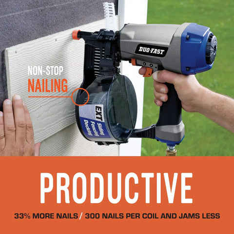 Person using nail gun to install siding with Coil Siding Nails 1 7/8 Inch By.086 Gauge Ring Shank Hot Dipped Galvanized 3,600 Nails Per Box 0 Degree Plastic Collated For Smooth Nailing And Less Downtime.