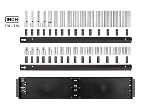 Three Eighth Inch Drive Twelve Point Socket Set With Rails And Tray Thirty Piece Inch Sizing From Quarter Inch To One Inch layout