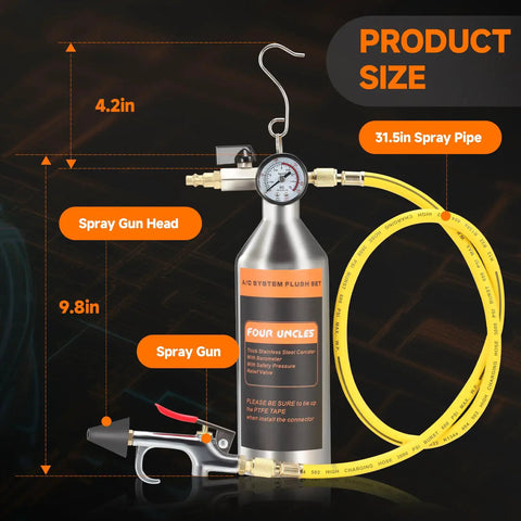 Pro Grade AC Flush Kit For Auto Air Conditioning System Cleaning With Stainless Steel Canister, spray gun, nylon hose measurements