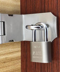 Stainless Steel 90 Degree Hasp Lock with Padlock for Door Gate and Window, mounted, showcasing smooth finish and solid build.