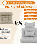 Comparison of hanging egg chair cushion sets showing features: product with straps, waterproof, thick, with headrest pillow in gray.