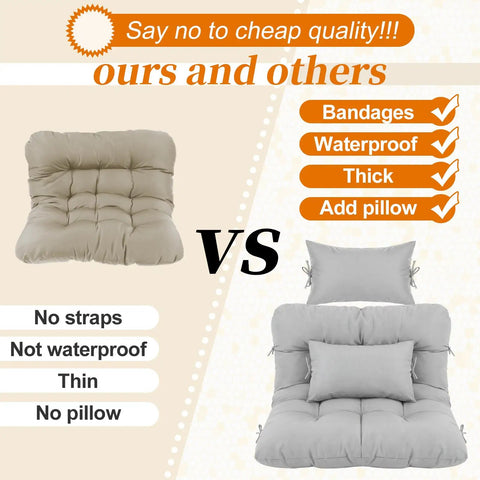 Comparison of hanging egg chair cushion sets showing features: product with straps, waterproof, thick, with headrest pillow in gray.