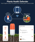 Image of Plants Health Defender showing a wireless plant moisture meter and water timer, highlighting app control features.
