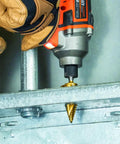Step Drill Bit Set For Thin Metal Plastic Aluminum And Wood Seven Eighths To One And Three Eighths Inch Double Spiral Flutes For Fast Cutting Titanium Nitride Coating Heat Dissipation Quarter Inch Hex Shank By Klein Tools in use