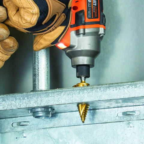 Step Drill Bit Set For Thin Metal Plastic Aluminum And Wood Seven Eighths To One And Three Eighths Inch Double Spiral Flutes For Fast Cutting Titanium Nitride Coating Heat Dissipation Quarter Inch Hex Shank By Klein Tools in use