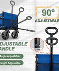 Collapsible Folding Wagon With Tailgate For 300lbs Heavy Duty Load showing adjustable handle and 360° brake wheels, blue.