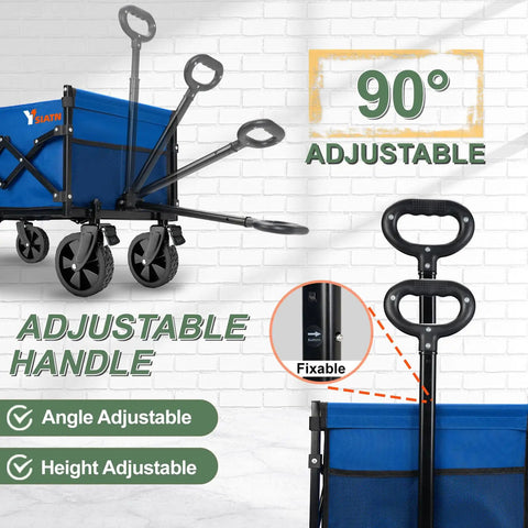 Collapsible Folding Wagon With Tailgate For 300lbs Heavy Duty Load showing adjustable handle and 360° brake wheels, blue.