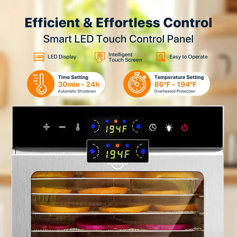 Heavy Duty Commercial Dehydrator With Eighteen Trays And Jerky Hooks control panel with LED display and touch screen.