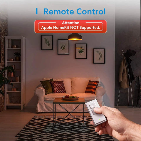 Smart Dimmer Switch With Remote For LED Lights, Neutral Wire Required, shown in living room, hand holding remote