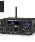 Powerhouse 2 Channel 500W Bluetooth 5.0 Home Audio Amplifier with FM Radio controls and remote next to unit