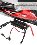 Water Cooled Brushless ESC 120A With Built In BEC For RC Boats and Airships, shown with high-speed RC boat and cable details.