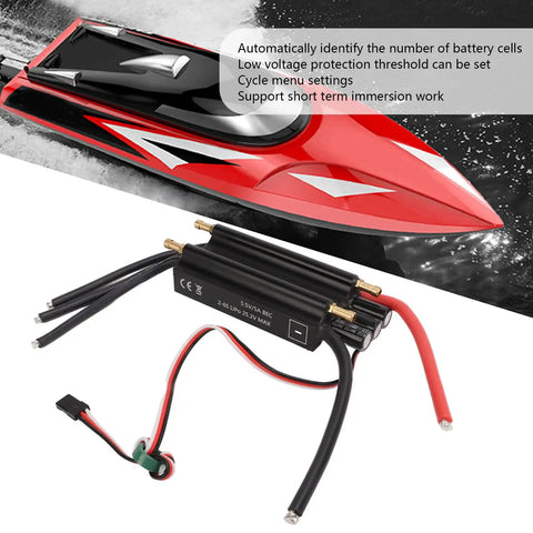 Water Cooled Brushless ESC 120A With Built In BEC For RC Boats and Airships, shown with high-speed RC boat and cable details.