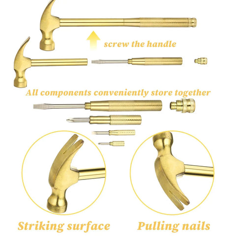 Disassembled view of Six In One Mini Hammer And Screwdriver Set Portable Multitool with claw hammer and screwdrivers