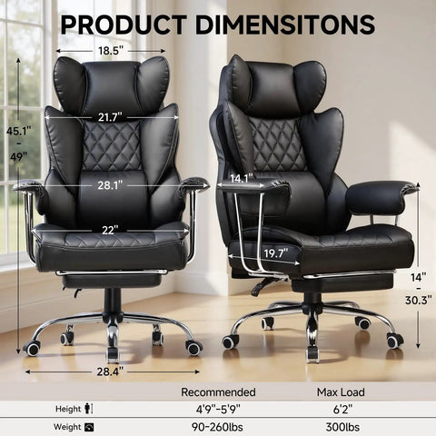 Big And Tall Leather Office Chair with Footrest High Back Ergonomic Gaming Chair dimensions display in room