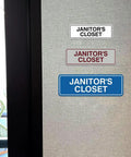 Standard Black Janitor's Closet Sign With Adhesive Tape For Easy Stick On Mounting, Durable Wall Signage With Clear Engraved Message