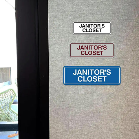 Standard Black Janitor's Closet Sign With Adhesive Tape For Easy Stick On Mounting, Durable Wall Signage With Clear Engraved Message