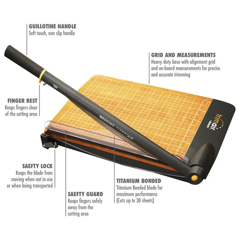 Heavy Duty 12 Inch TrimAir Wood Guillotine Paper Cutter With 30 Sheet Capacity And Titanium Bonded Blade For Precise Everyday Easy Home Office Paper Trimming, showcasing handle and grid details.