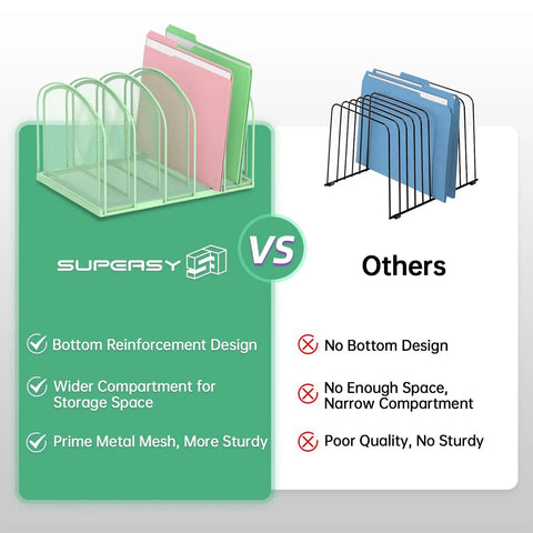 Comparison of mint green mesh desk organizer vs black wire file holder, highlighting Five Section Mesh Desk Organizer And Vertical File Holder