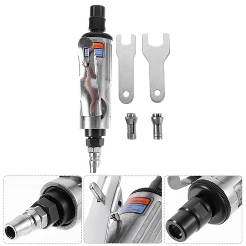 Compact Pneumatic Air Pencil Die Grinder With Heavy Duty Steel Build For Precision Engraving And Polishing Tasks showing tool parts and accessories.
