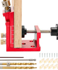 Pro Grade Pocket Hole Jig Kit with metal construction and adjustable drill guides for 15 degree holes, side view with accessories.