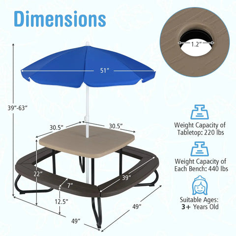 Outdoor Kids Picnic Table Set For 8 With Four Built In Benches, Removable Umbrella, Metal Frame And HDPE Top dimensions