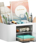 White Pen Organizer With 2 Drawers For Desk, Multi Functional Pencil Holder With 5 Compartments Top Tray And Notebook Holder