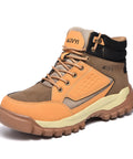 Side view of waterproof leather steel toe work boot for men, built tough with wide toe cap, slip resistant for construction and industrial use