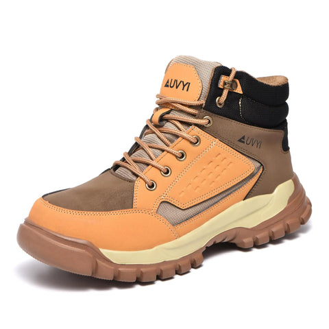 Side view of waterproof leather steel toe work boot for men, built tough with wide toe cap, slip resistant for construction and industrial use