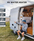 Road Ready 55000 BTU Propane Tankless Water Heater For Camper mounted on RV with man pointing, offering instant hot showers.