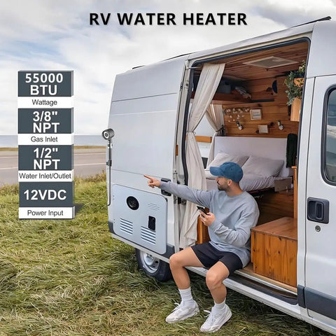 Road Ready 55000 BTU Propane Tankless Water Heater For Camper mounted on RV with man pointing, offering instant hot showers.