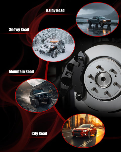 Illustration showing Front Ceramic Brake Pads Kit For Nissan Micra 2015 2017 And Versa 2012 2019 used in various road conditions.