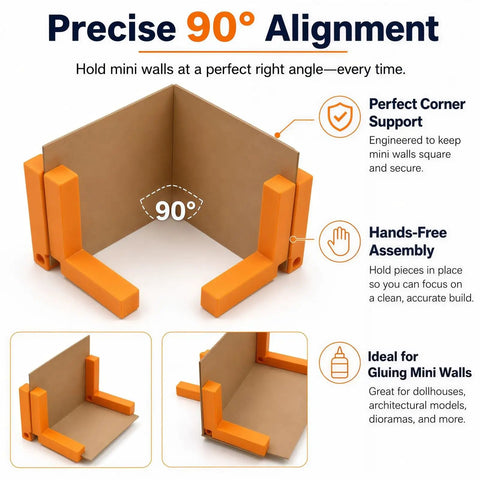 Magnetic Right Angle Clamps For Miniatures And Dioramas, Pro Grade Tool For 90 Degree Corners In Model Railroading And Architectural Modeling, Built For Hobbyists Who Demand Realistic, Flawless Corners, orange clamp holding miniature wall at 90 degrees