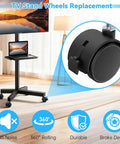 Four 2-inch black nylon TV stand casters with locking brakes and M8 threaded stems on a mobile stand.