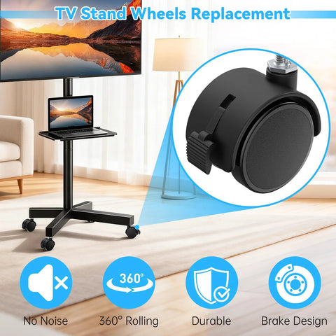 Four 2-inch black nylon TV stand casters with locking brakes and M8 threaded stems on a mobile stand.