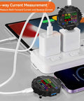 USB power meter testing voltage and current on chargers and power banks with digital display. Must Have Power Meter Tester For Chargers And Power Banks Real Time Voltage Current Power Energy Capacity Resistance Temperature 3.6 To 32 Volt 0 To 5 Amp PD QC Fast Charge Standards Includes USB Load Tester Alligator Clip Cable.