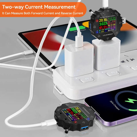 USB power meter testing voltage and current on chargers and power banks with digital display. Must Have Power Meter Tester For Chargers And Power Banks Real Time Voltage Current Power Energy Capacity Resistance Temperature 3.6 To 32 Volt 0 To 5 Amp PD QC Fast Charge Standards Includes USB Load Tester Alligator Clip Cable.