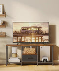 Reliable Industrial TV Console With Fabric Drawer And Open Storage Rack For 50 To 55 Inch Screens in rustic brown, showcasing open storage and TV.