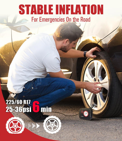 Man using Ultra Portable 12V Tire Inflator Air Compressor With Digital Gauge and LED Light on car tire, showing stable inflation.