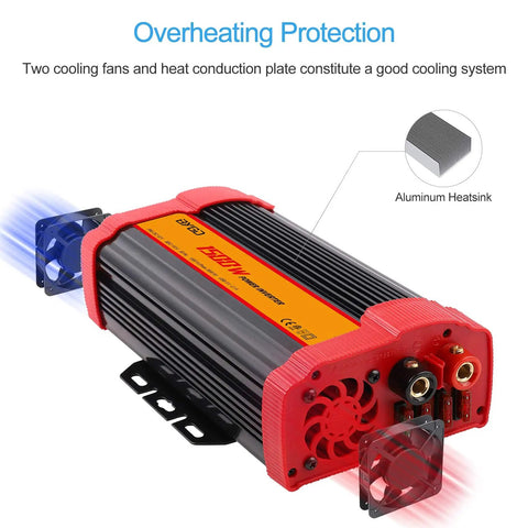 Heavy Duty 1500W Power Inverter Converts 12 Volt DC To 110 Volt AC featuring cooling fans and aluminum heatsink for protection.