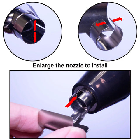 Close-up of Mini Heat Gun With Reflector Nozzles Kit 350W Fast Heat Hot Air Gun with enlarged nozzle for installation.
